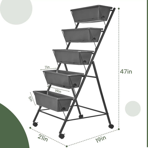 Five Tier Raised Garden Bed Uber Sturdy With Vertical Planter Stand, black metal frame, with five removable trays and drainage holes.
