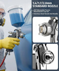 Pro Grade Gravity Feed Air Paint Sprayer Gun Kit featuring 1.3 1.5 1.7 Mm swappable tips and built in oil water separator, stainless steel nozzle.