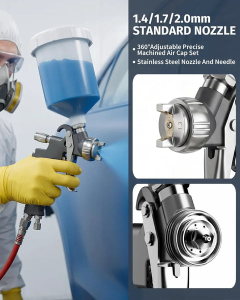 Pro Grade Gravity Feed Air Paint Sprayer Gun Kit featuring 1.3 1.5 1.7 Mm swappable tips and built in oil water separator, stainless steel nozzle.
