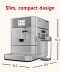 Heavy Duty Stainless Steel Espresso Machine With Removable Bean Hopper And Auto Milk Frother Built To Last And Brews Like Butter For Any Home Barista Game Changer Setup, showing compact design and dimensions.