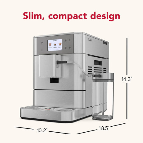 Heavy Duty Stainless Steel Espresso Machine With Removable Bean Hopper And Auto Milk Frother Built To Last And Brews Like Butter For Any Home Barista Game Changer Setup, showing compact design and dimensions.