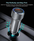 Dual Port USB C Car Charger 36W Hella Fast Charging Plug N Play Cigarette Lighter Adapter With PD QC 3.0 Power Delivery For iPhone 15 14 13 Samsung Galaxy S24 S21 iPad Pixel Road Trip Essential Grey inserted in a car's cigarette lighter socket.
