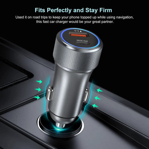 Dual Port USB C Car Charger 36W Hella Fast Charging Plug N Play Cigarette Lighter Adapter With PD QC 3.0 Power Delivery For iPhone 15 14 13 Samsung Galaxy S24 S21 iPad Pixel Road Trip Essential Grey inserted in a car's cigarette lighter socket.