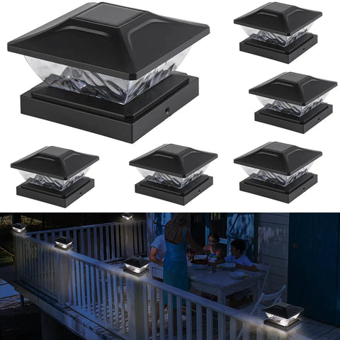 Lit 11 Pack Solar Post Cap Lights Warm White LED Outdoor Lighting For Fence Posts 4x4 Waterproof IP65 with night view.