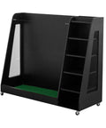 Black wooden Garage Ready Golf Bag Storage Rack That Holds 3 Stand Bags And 14 Clubs Plus Space For Shoes, Balls, And Accessories Heavy Duty Organizer with shelves.