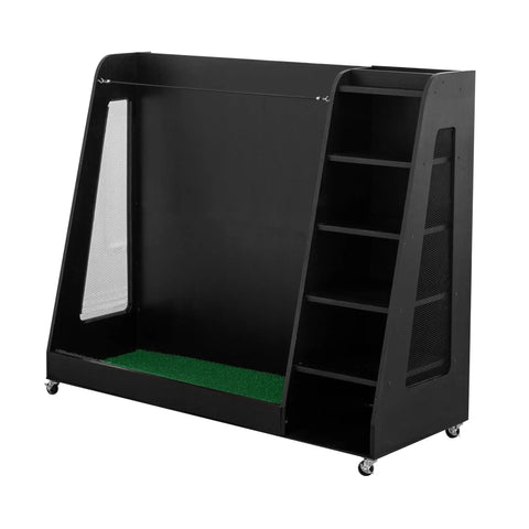 Heavy-Duty Golf Bag Storage Rack That Holds 3 Stand Bags And 14 Plus Clubs With Built In Slots For Balls Shoes And Gear Indoor Outdoor Garage Organizer With Easy Assembly Durable Black Finish, wooden material, wheels visible.