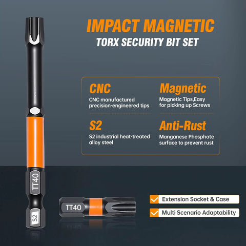Torx Bit Set 36 Piece T5 Through T40 With 1 Inch, 2 Inch And 3 Inch Tamper Proof Bits, S2 Steel Magnetic Tips, 60mm Extension Bar