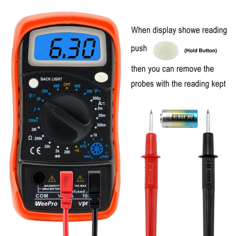 Vpro850L Digital Multimeter DC AC Voltmeter Ohm Volt Amp Tester with display reading 6.30 and test probes