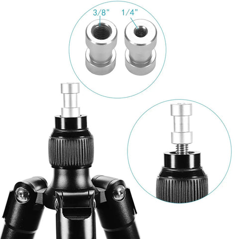 Knockout 15 Piece Screw Adapter Set Featuring Slick 1/4 To 3/8 Thread Converters For DSLR Cameras Tripods and Camera Cages close-up of converters on tripod
