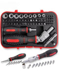 Heavy Duty Ratchet Screwdriver Set With Magnetic Bits Perfect For Household Repairs And Auto Mechanics Who Need A Durable Toolbox To Tackle Any Fixing Job Without Breaking The Bank Or Rummaging Through Cluttered Gears. Red case with socket and bit set