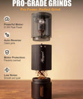 Upgraded High Speed Electric Coffee Grinder With Heavy Duty Stainless Steel Burrs For Quick Perks And Smooth Pour Over Grinds In A Durable Matte Black Build Made For Hustle Ready Mornings being used to grind coffee.