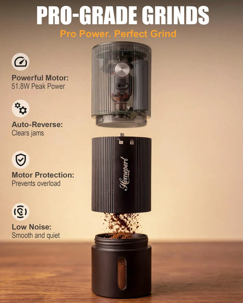 Upgraded High Speed Electric Coffee Grinder With Heavy Duty Stainless Steel Burrs For Quick Perks And Smooth Pour Over Grinds In A Durable Matte Black Build Made For Hustle Ready Mornings being used to grind coffee.