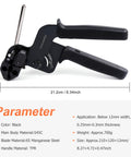 No-Sweat Stainless Steel Cable Tie Gun showing black plier-style grips, 21.2cm long for quick wire bundling.