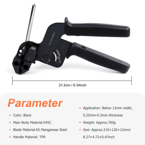 No-Sweat Stainless Steel Cable Tie Gun showing black plier-style grips, 21.2cm long for quick wire bundling.