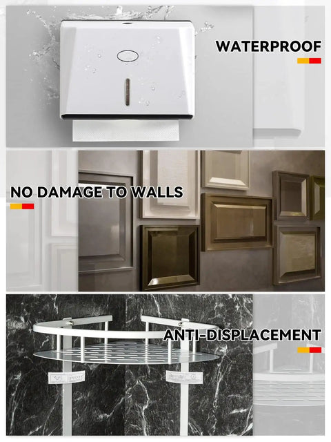 Waterproof device mounted on a wall, no damage to surfaces, anti-displacement feature on black background.