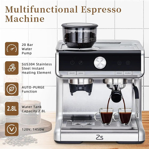 Straight Up Professional Espresso Machine With Built In Grinder And Pid Temp Control To Pour Legit Crema And Swift Shots Using 58Mm Portafilter Plus Hot Steam Wand For Silky Foam On Any Counter on a kitchen counter with coffee being brewed.