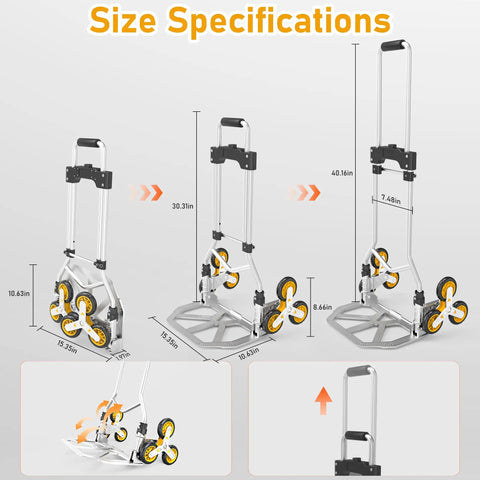 Size specifications of Heavy Duty Stair Climbing Dolly With Telescoping Handle And Six Rolling Wheels For Moving And Grocery Hauls Foldable Aluminum Cart.