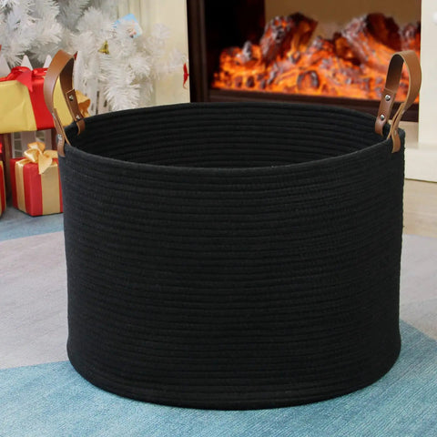 XXXLarge Cotton Rope Storage Basket With Leather Handles For Living Room Go To Organizer For Blankets Towels And Pillows Black 20x20x13 Inches Durable Cotton Rope Craft With Leather Accents For Laundry Or Decorative Storage next to fireplace in living room