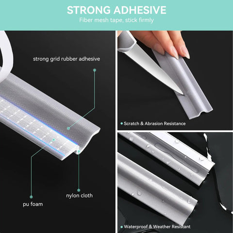 Door Draft Stopper Sweep Self Adhesive Weatherproof Seal Strip For Doors And Windows Cuttable 6.56 Ft Long Grey showing adhesive application and waterproof features