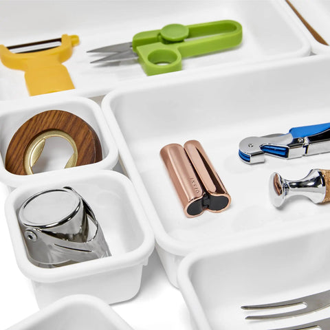 8 Piece Interlocking Bin Pack Drawer Organizer For Office, Kitchen, Tools And Bathroom Junk Drawer Essentials, Modular Storage System With Configurable Bins In White holding tools and utensils