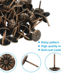 Premium Red Copper Upholstery Tacks 100 Pack 7/16 Inch Antique Furniture Nails with daisy pattern and anti-rust coating.
