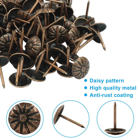 Premium Red Copper Upholstery Tacks 100 Pack 7/16 Inch Antique Furniture Nails with daisy pattern and anti-rust coating.