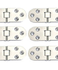Six Pack Zinc Alloy Flap Hinges In Sleek Chrome Finish, Reliable Drop Leaf Countertop Hardware For Sewing Machines And Workshop Stands, Tough As Nails Build Quality That Makes Any Setup A Total Breeze, showing six chrome hinges.