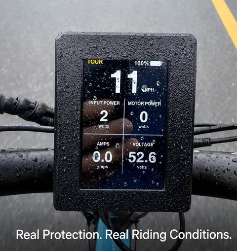 Lectric XP 4.0 And XP Trike2 Screen Protector Cover with clear TPU shield in rain on bicycle display showing readings