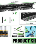 Dimensions and components of Heavy Duty Metal Tool Organizer Wall Mount For Screwdrivers And Pliers, Space Saving Storage Rack For Garages, Homes, And Workshops, 23 Holes 2 Pack Set with screws, screwdrivers, and tools shown.