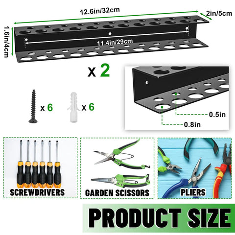 Dimensions and components of Heavy Duty Metal Tool Organizer Wall Mount For Screwdrivers And Pliers, Space Saving Storage Rack For Garages, Homes, And Workshops, 23 Holes 2 Pack Set with screws, screwdrivers, and tools shown.