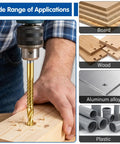 Person using Top Shelf Eight Piece HSS Step Drill Bit Set With Titanium Coating And Hex Shank for wood drilling.