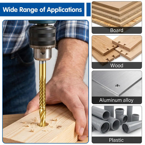 Person using Top Shelf Eight Piece HSS Step Drill Bit Set With Titanium Coating And Hex Shank for wood drilling.
