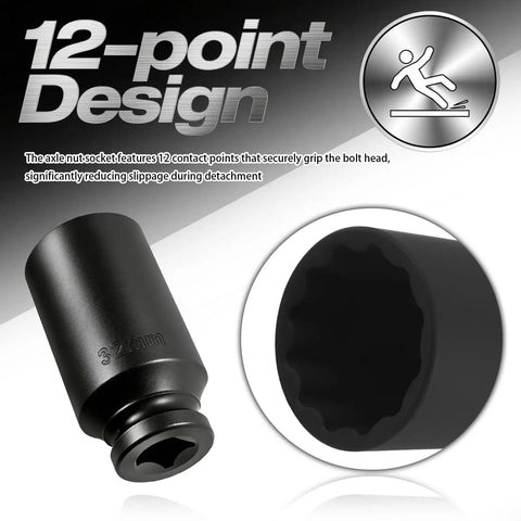 Heavy Duty 32mm Socket Featuring Half Inch Drive And 12 Point Impact Design shows a close-up of a 12-point socket with grip details.