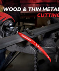 Beefy 15 Inch Arc Edge Reciprocating Saw Blades Set For Tree Trimming And Wood Cutting With Japanese Teeth 6TPI Includes Storage Case 5 Pack For Fast Clean Pruning And Rugged Pruning Performance in use on metal pipe.