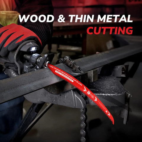 Beefy 15 Inch Arc Edge Reciprocating Saw Blades Set For Tree Trimming And Wood Cutting With Japanese Teeth 6TPI Includes Storage Case 5 Pack For Fast Clean Pruning And Rugged Pruning Performance in use on metal pipe.