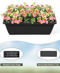 Black 4 Tier Vertical Garden Planter with drainage holes featuring pink flowers, with close-ups of multiple drain holes and removable tray.