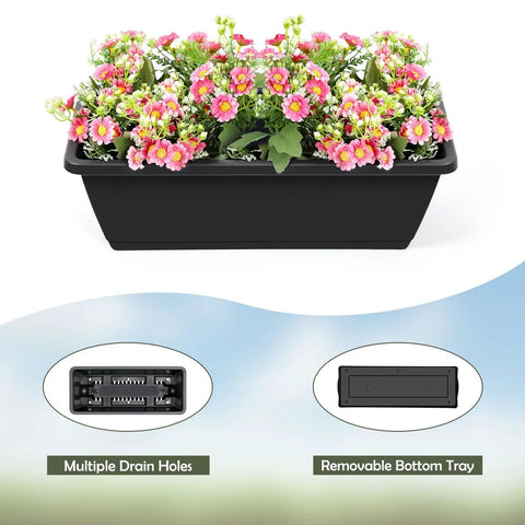 Black 4 Tier Vertical Garden Planter with drainage holes featuring pink flowers, with close-ups of multiple drain holes and removable tray.