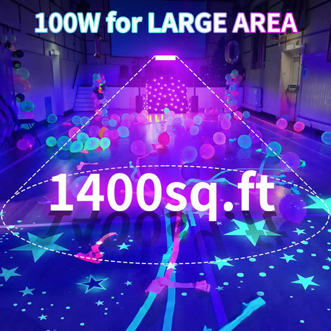 Beast 100W LED Black Light Bar IP66 Waterproof illuminating 1400 sq ft indoor party room with neon glow and decor