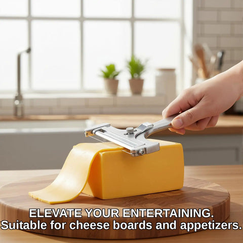 Built Tough Adjustable Cheese Slicer With Sharp Wire Cutter And Super Clutch Mini Silicone Tongs For Seamless Block Slicing showing cheese being sliced.