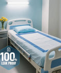 Heavy Duty 40 Count Bed Pads With Secure Adhesive Tabs, 30X36 Disposable Underpads on bed with blue pillow and flowers.