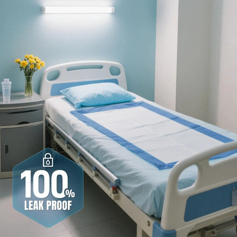 Heavy Duty 40 Count Bed Pads With Secure Adhesive Tabs, 30X36 Disposable Underpads on bed with blue pillow and flowers.