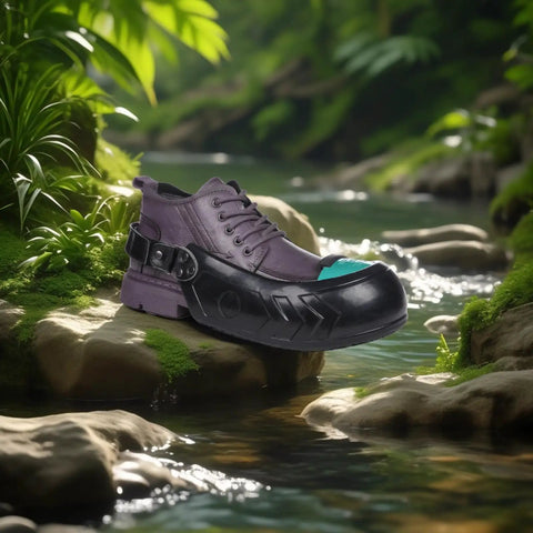 Industrial Steel Toe Overshoes Providing Badass Rock Solid Protection Heavy Duty Anti Slip Rubber Covers shown on rock near water.