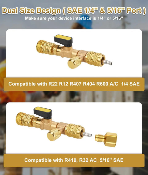 HVAC Valve Core Removal Tool Kit For Home Refrigeration, Includes 10 Valve Cores, 5 Brass Nuts, And 2 Brass Adapters For R410 R32 R22 R12 R407 R404 R600 Systems, Dual SAE 1/4 And 5/16 Ports, Great DIY Tinkering Upgrade, brass dual-port valve tool