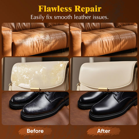 Before and after comparison of using Leather Repair Kit For Car Seats, Furniture And Couches With 3 Step Reinforcement, Vinyl Repair Kit For Tears Holes Scratches Peeling, Customizable Glossy Leather Colors, Easy Instructions For Quick Fix.