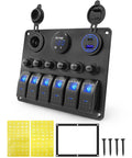 Six Gang Marine Rocker Switch Panel Waterproof With Circuit Breakers Digital Voltage Display PD QC3 USB Port And 12V DC Power Socket