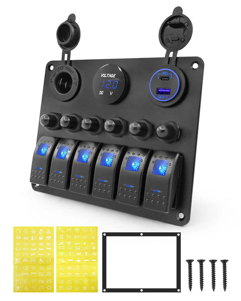 Six Gang Marine Rocker Switch Panel Waterproof With Circuit Breakers Digital Voltage Display PD QC3 USB Port And 12V DC Power Socket