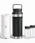Portable Insulated Breastmilk Cooler Keeps Milk Chill For Up To 24 Hours With Double Wall Stainless Steel Build And Freeze Ready Packs Fits Two 10 Oz Bottles Keep It Fresh On The Road Mama, showing a black stainless cooler and two clear bottles.