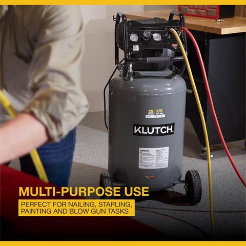 29 Gallon Portable Air Compressor With 2.5 HP Motor, 120 Volt Power, 175 PSI Max, in use for nailing and stapling on job site