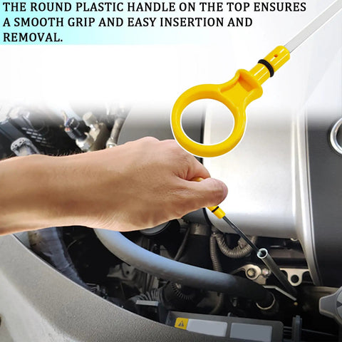 Person using Oil Dip Stick For Quick Engine Oil Level Check With Easy Pull Ring, Stainless Steel Replacement Gauge in Ford vehicle engine.