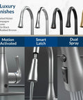 Touchless Kitchen Faucet With Pull-Down Sprayer In Matte Black, Hands-Free Motion Sensor, five finishes display with features.